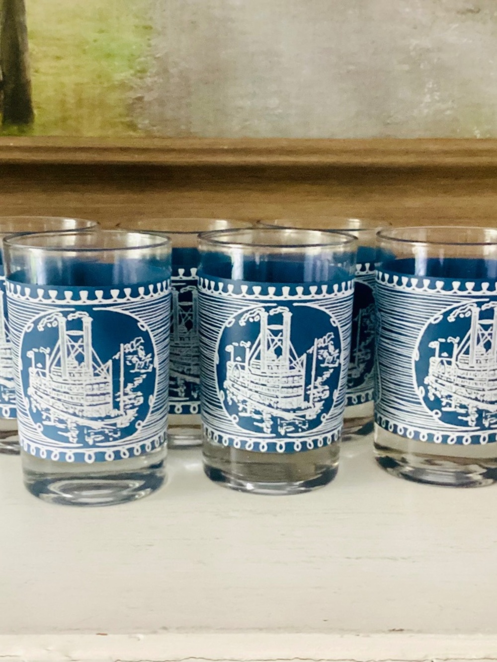 Vintage Set of 6 Currier & Ives Juice Glasses Steamboat Blue White 4 oz USA Made